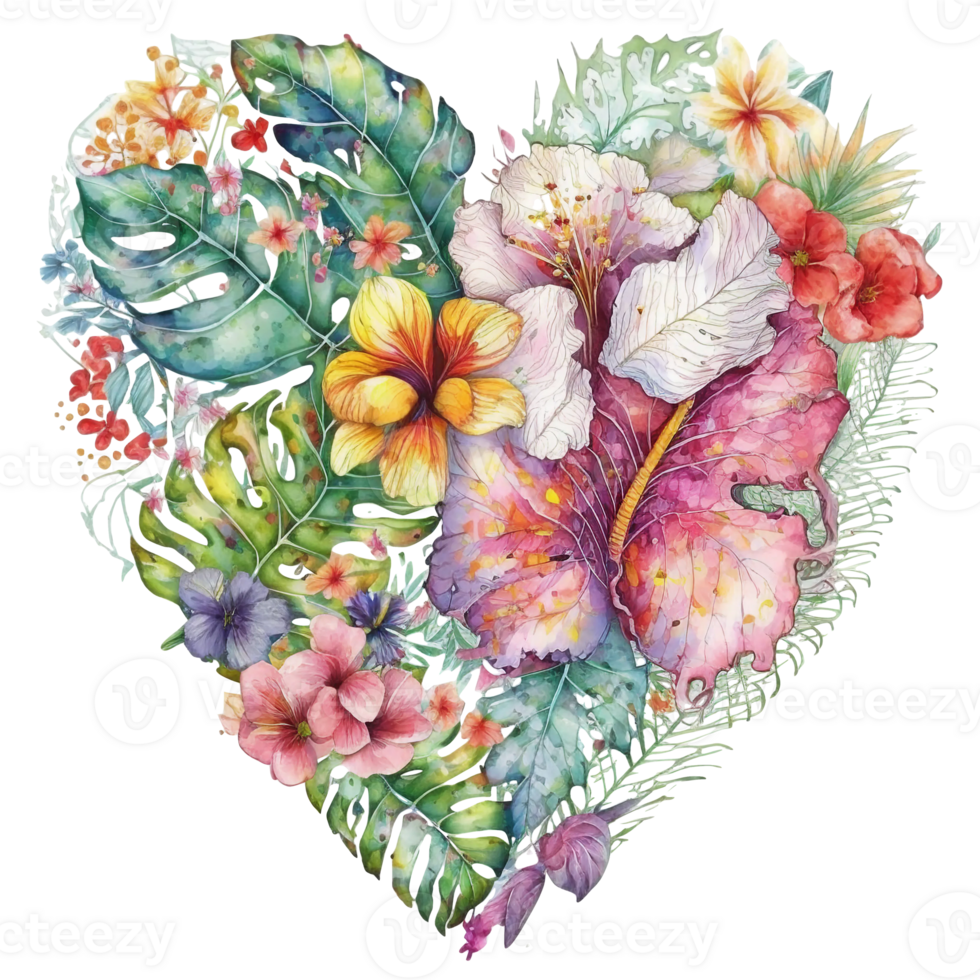 tropical leaves and flowers in a heart shape watercolor art, png