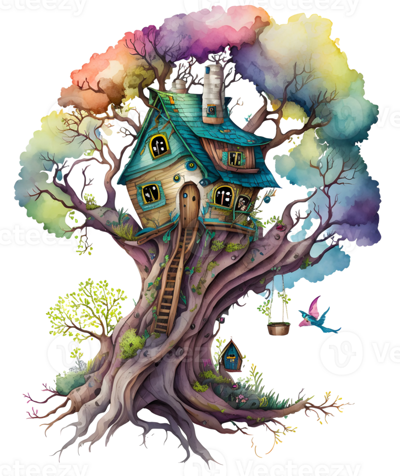 watercolor fairy tree house, png