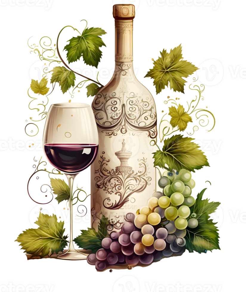 grapes and wine bottle, png