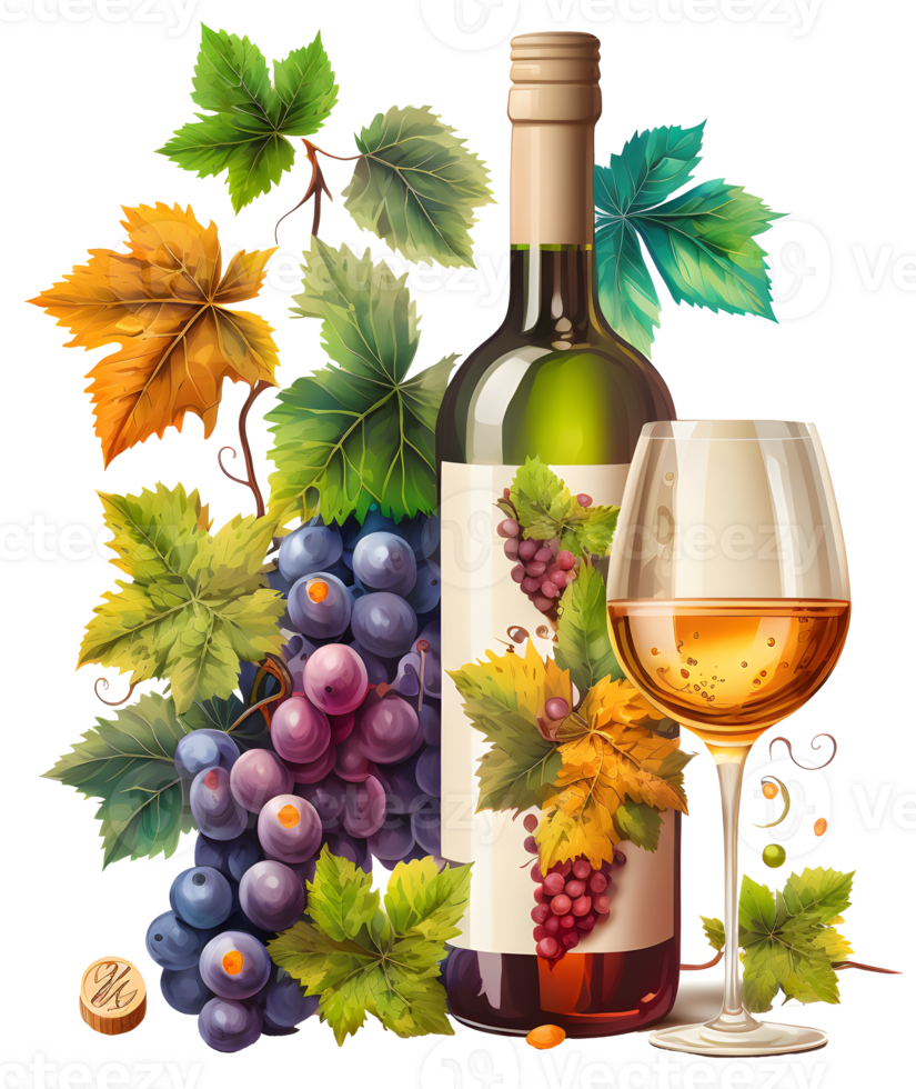 grapes and wine bottle, png