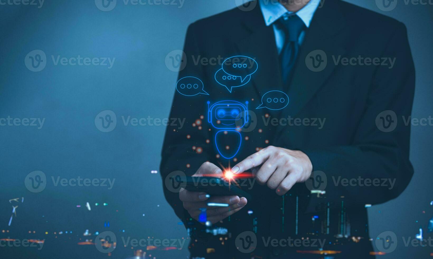 Businessman holding a light chatbot hologram intelligence AI. Digital chatbot, robot application. chat with AI Artifice intelligent developers digital technology concept. photo