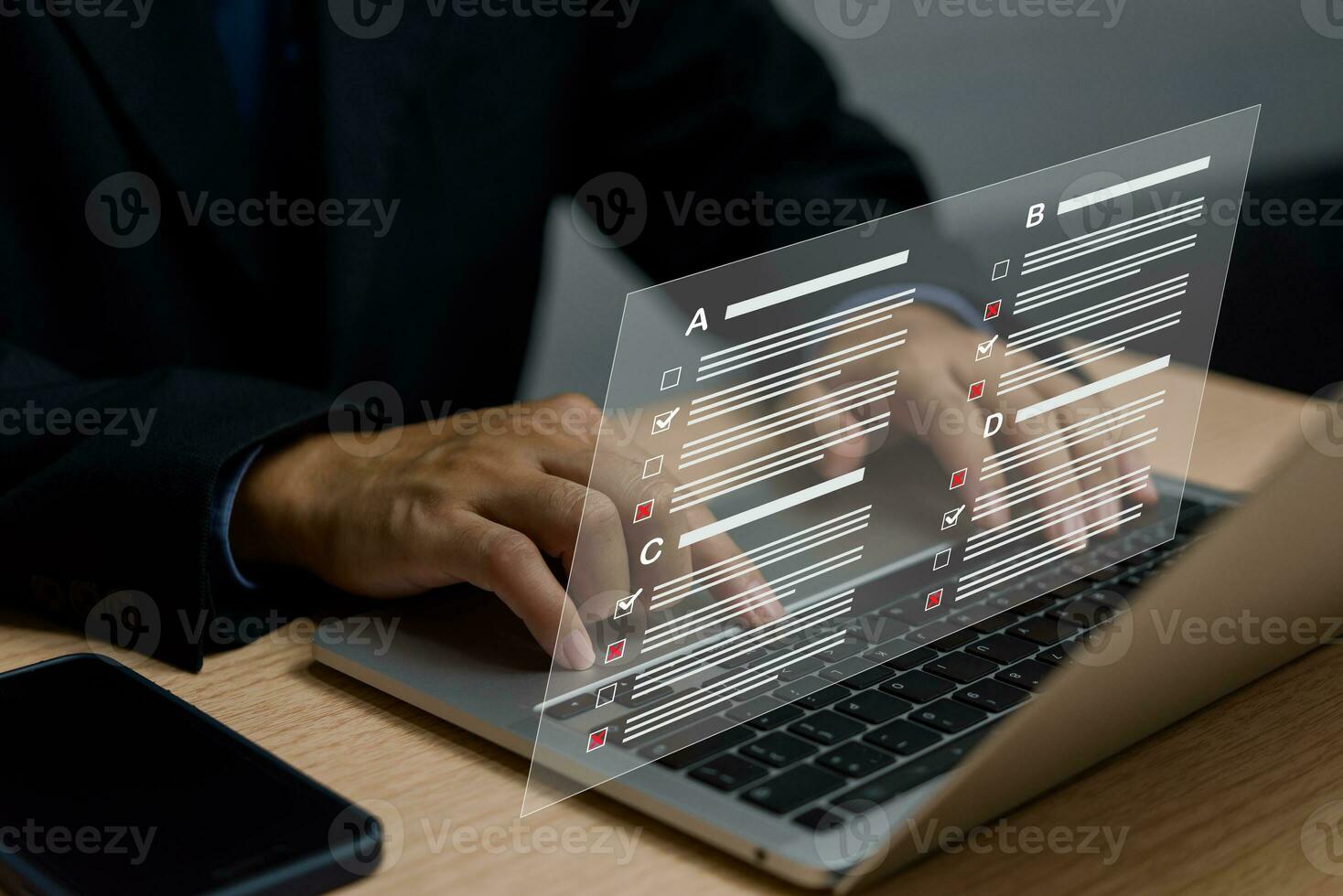 man chooses questionnaire with checkbox, survey form online, answer questions in the exam of test business checklist and filling survey form online using technology for education, learning. photo