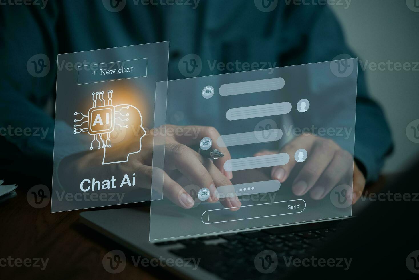 Chatbot conversation Ai Artificial Intelligence technology online customer service.Digital chatbot, robot application, OpenAI generate. Futuristic technology.Virtual assistant on internet. photo