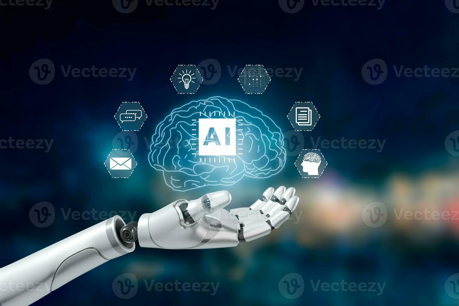robot mano toque cerebro virtual pantalla creando artificial inteligencia ai en un digital tecnología 3d representación. foto