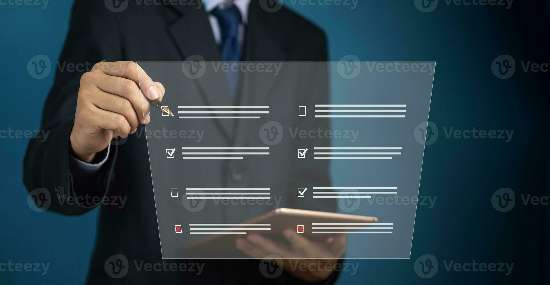 man chooses questionnaire with checkbox, survey form online, answer questions in the exam of test business checklist and filling survey form online using technology for education, learning. photo