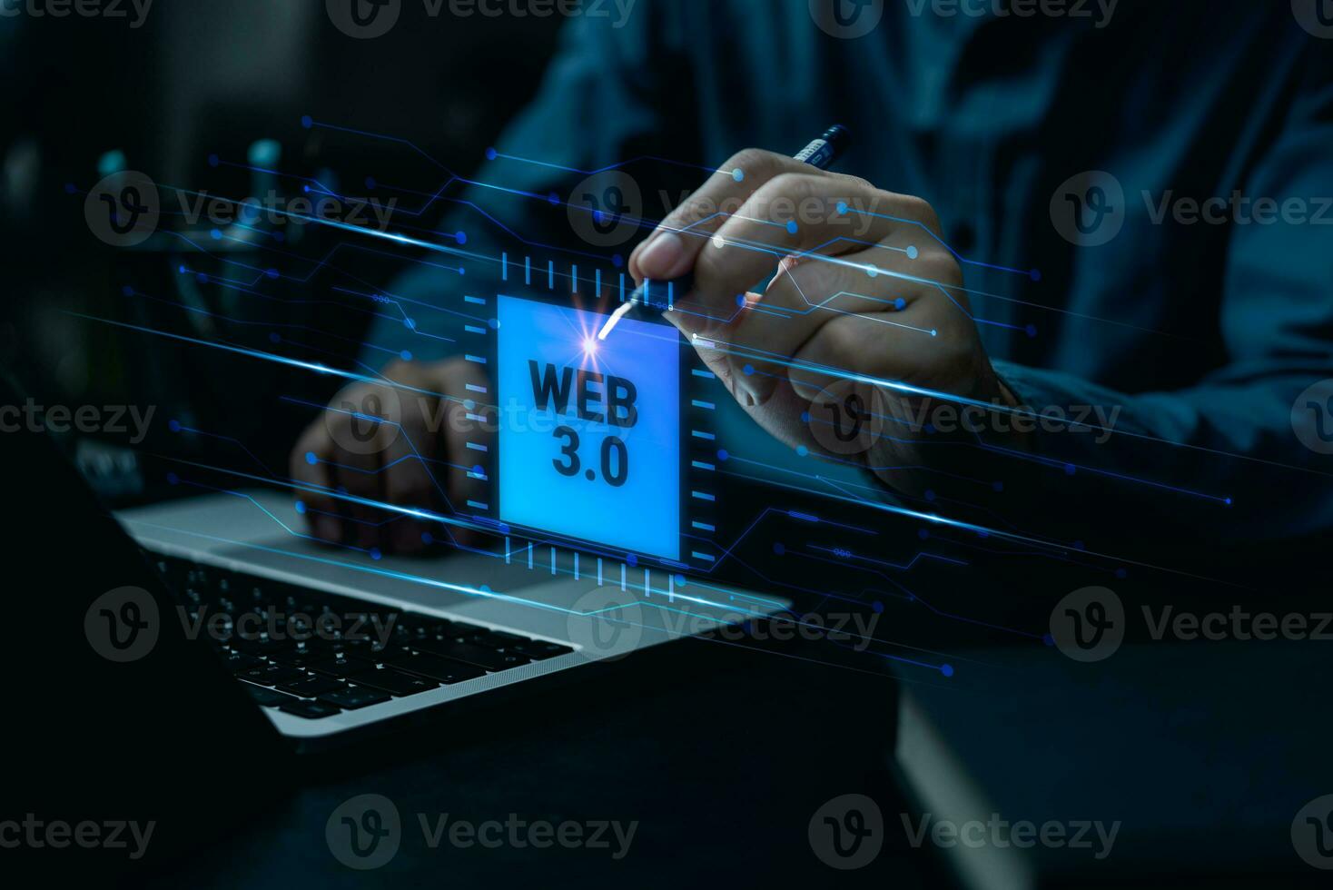 Digital communication and virtual screen Web 3.0 concept image with a man using a laptop. Technology and WEB 3.0 concept. photo