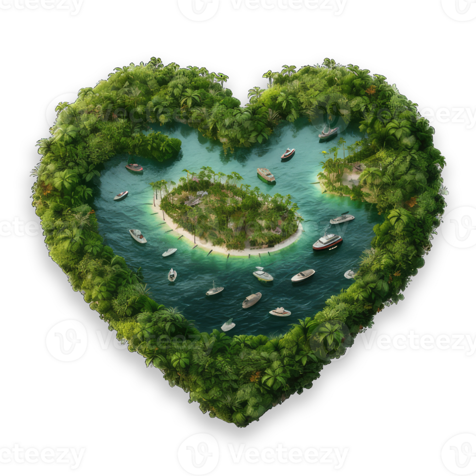 Paradise Island in the form of heart shape, Summer jungle island in heart shape, Travel summer holiday vacation idea concept, isolated on transparent background. Generative Ai png