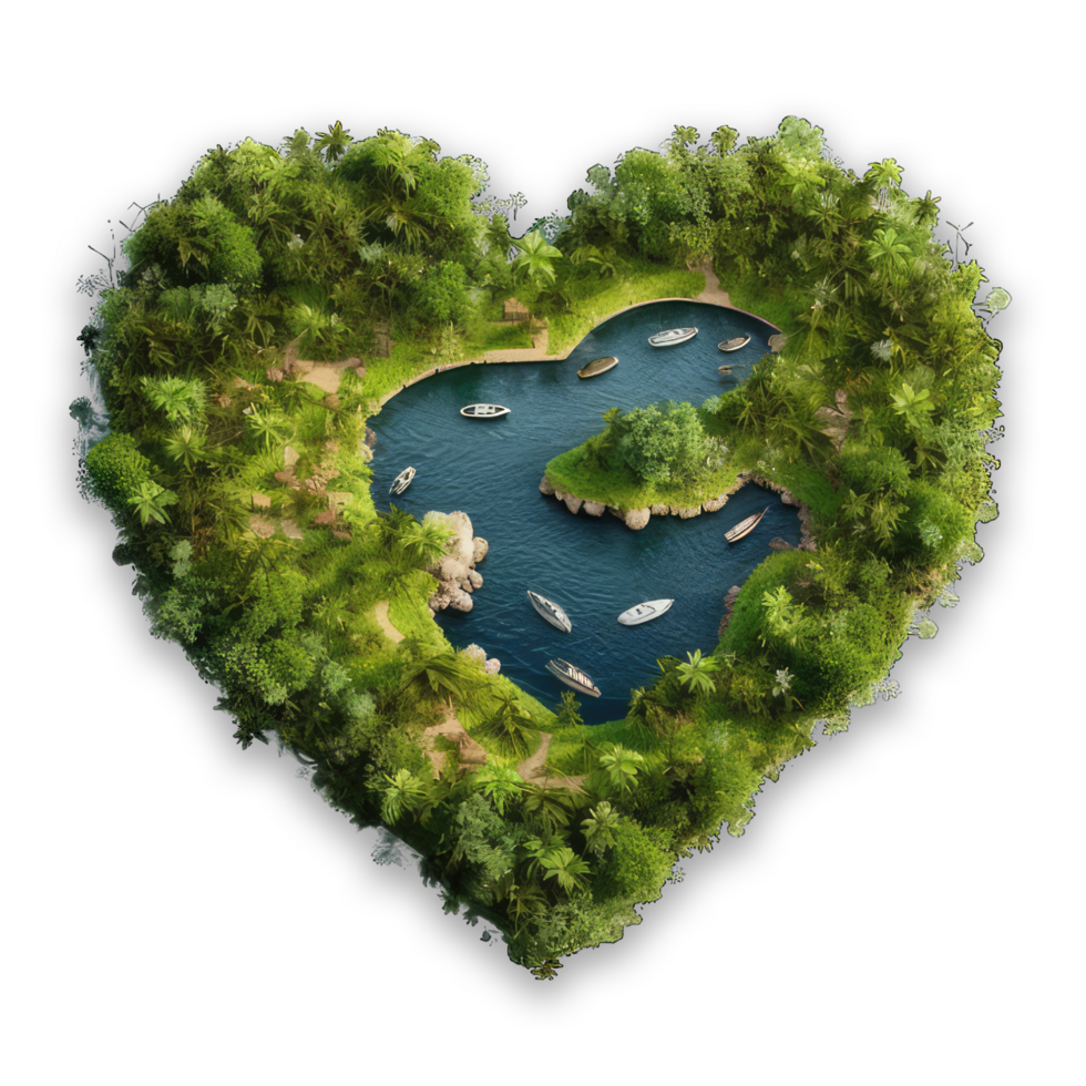 Paradise Island in the form of heart shape, Summer jungle island in heart shape, Travel summer holiday vacation idea concept, isolated on transparent background. png