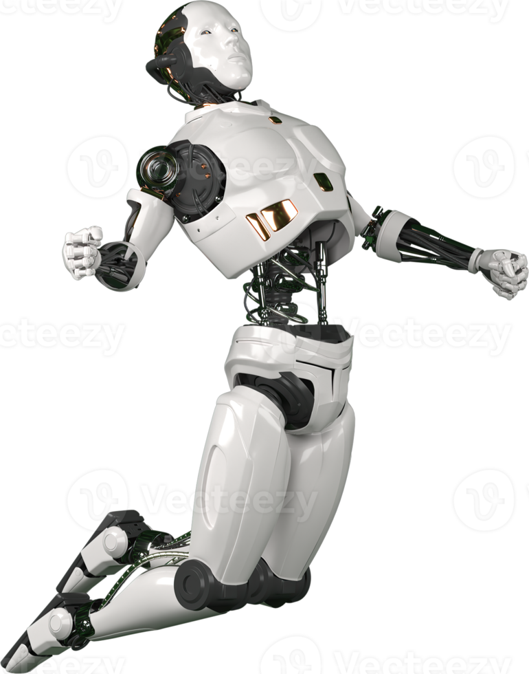 Futuristic world robots are running. Presentation of technology with robots.  3d rendering action of robot. png