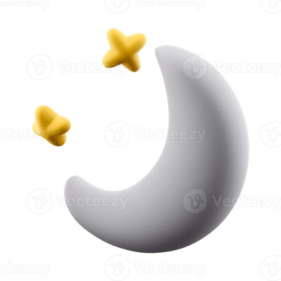3d rendering Moon and stars at night icon. 3d render white moon and yellow stars icon. png