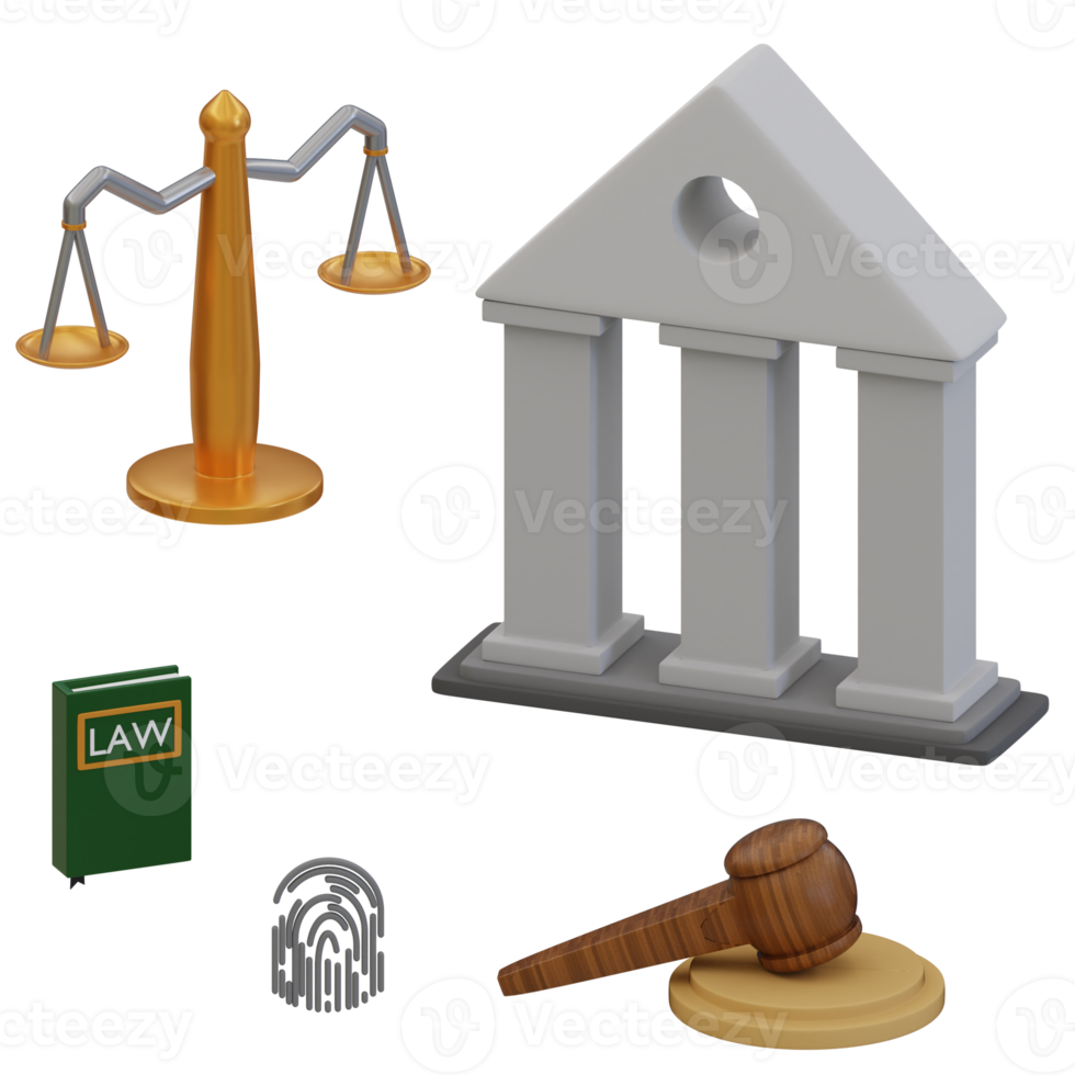 3d rendered law icon set includes court building, balance, judge hammer, book of law and fingerprints perfect for law design project png