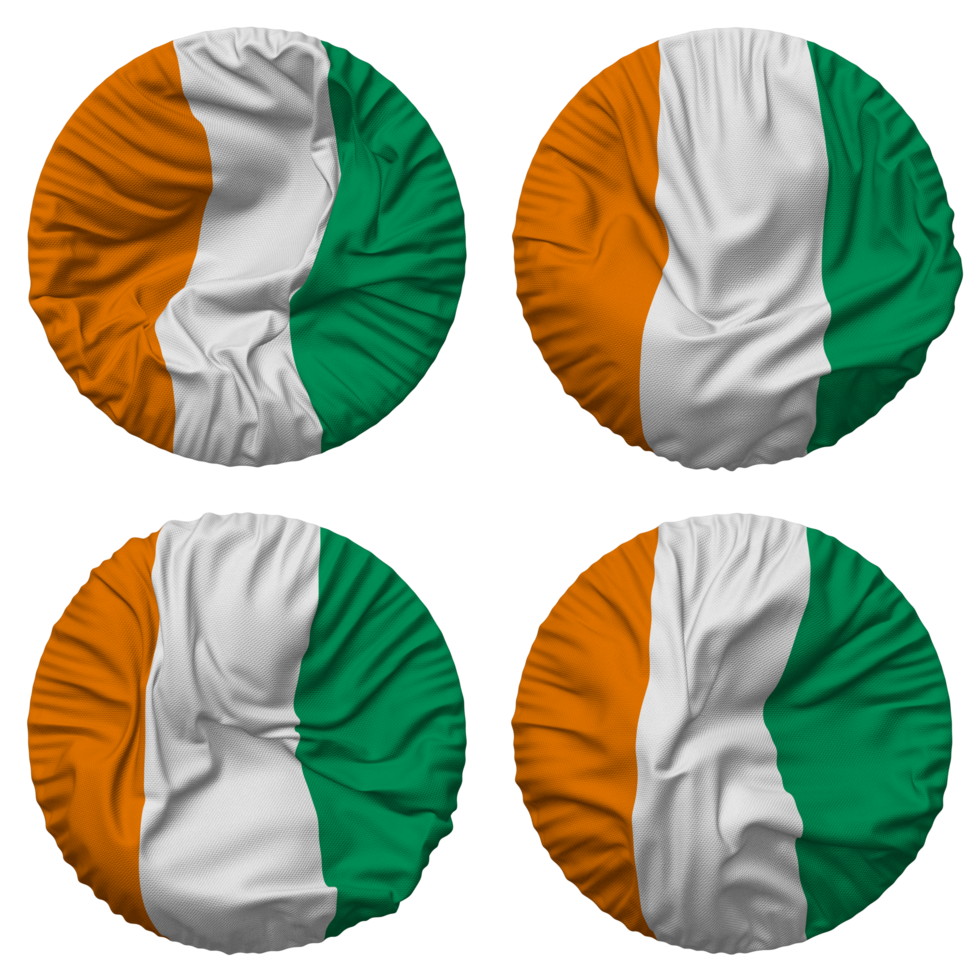 Ivory Coast Flag in Round Shape Isolated with Four Different Waving Style, Bump Texture, 3D Rendering png