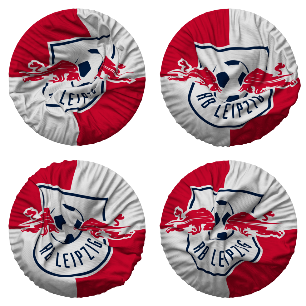 rasenballsport Leipzig e v, rb Leipzig Flagge im runden gestalten isoliert mit vier anders winken Stil, stoßen Textur, 3d Rendern png