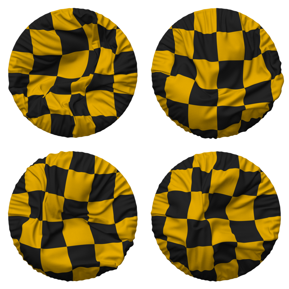 courses noir et Jaune à carreaux drapeau dans rond forme isolé avec quatre différent agitant style, bosse texture, 3d le rendu png