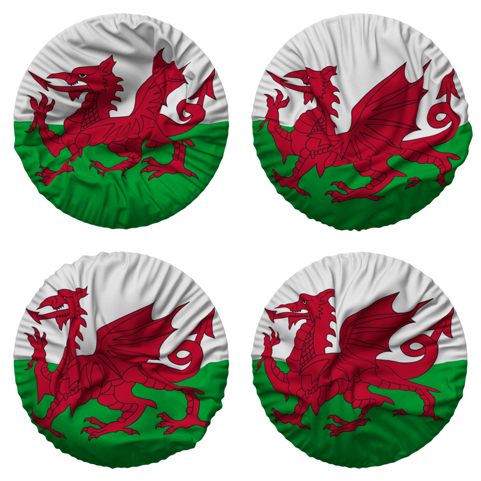 Wales Flag in Round Shape Isolated with Four Different Waving Style, Bump Texture, 3D Rendering png