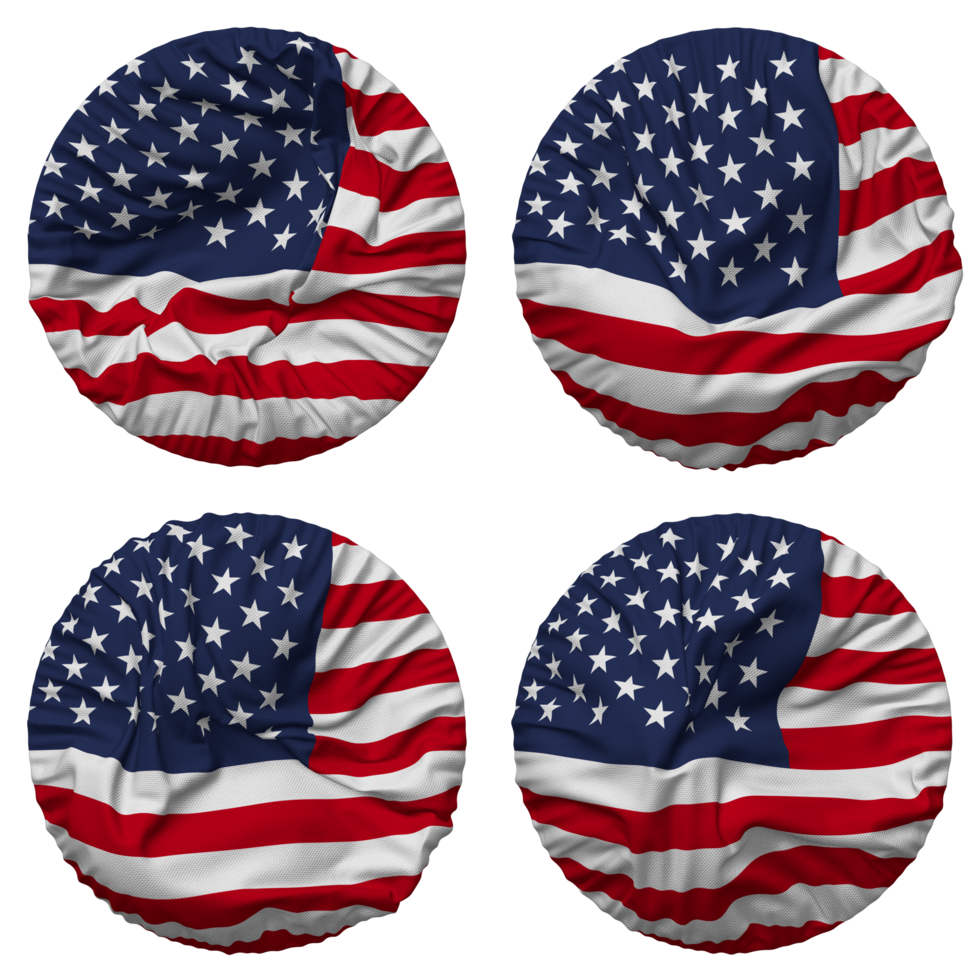 United States Flag in Round Shape Isolated with Four Different Waving Style, Bump Texture, 3D Rendering png