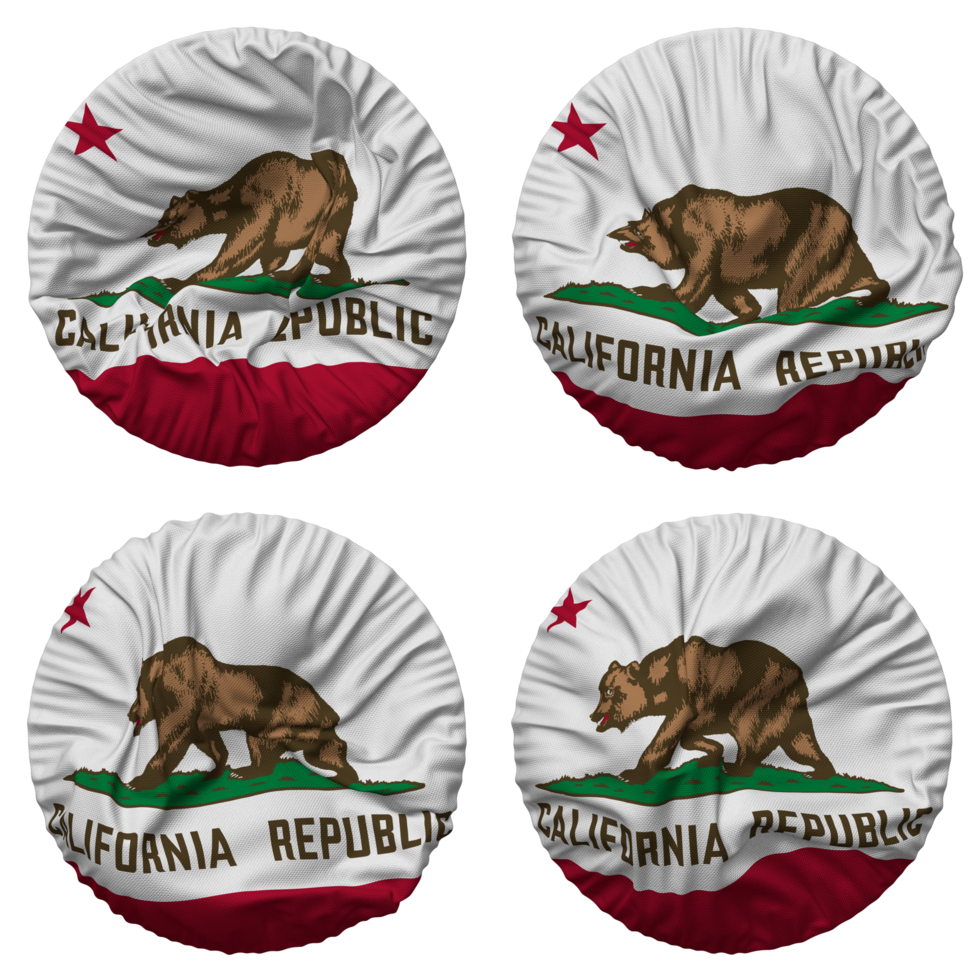 State of California Flag in Round Shape Isolated with Four Different Waving Style, Bump Texture, 3D Rendering png