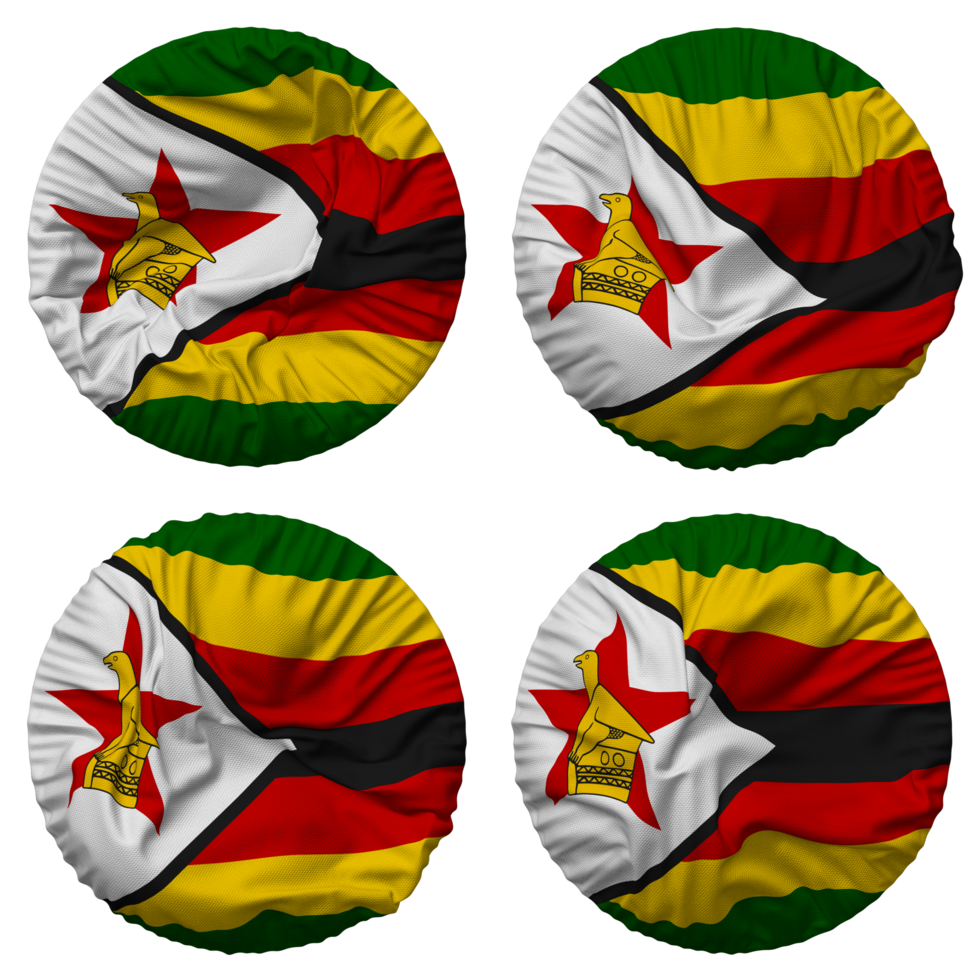 Zimbábue bandeira dentro volta forma isolado com quatro diferente acenando estilo, colisão textura, 3d Renderização png