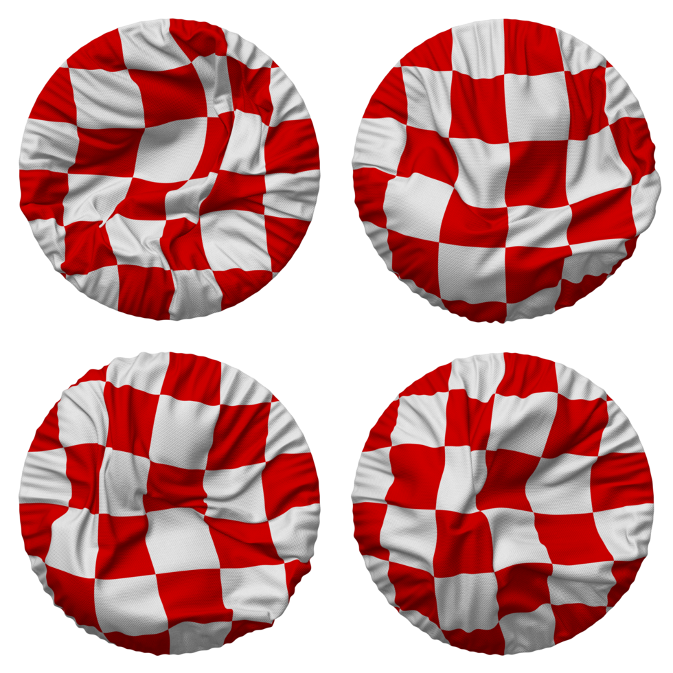 Racing Red and White Checkered Flag in Round Shape Isolated with Four Different Waving Style, Bump Texture, 3D Rendering png