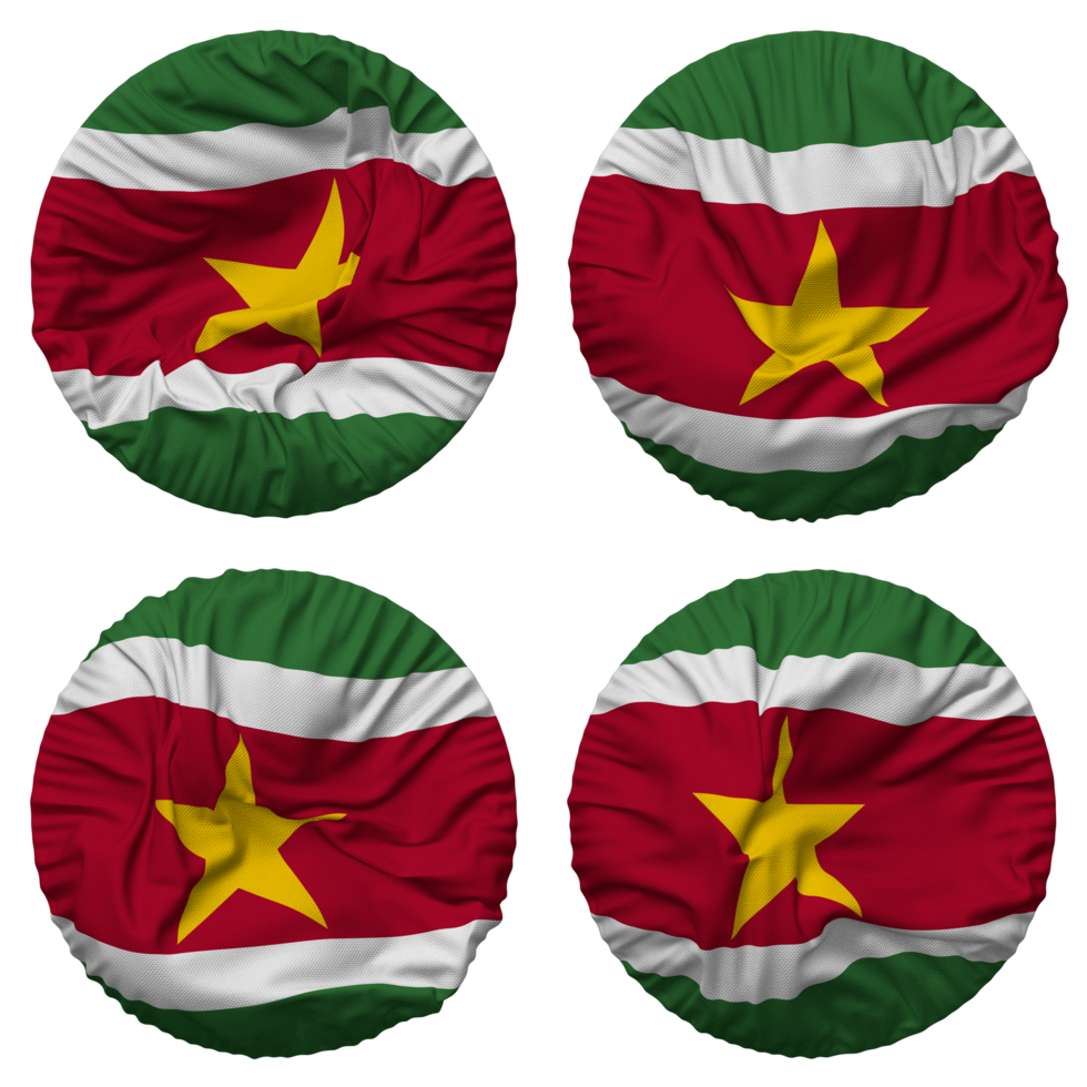 Suriname Flag in Round Shape Isolated with Four Different Waving Style, Bump Texture, 3D Rendering png
