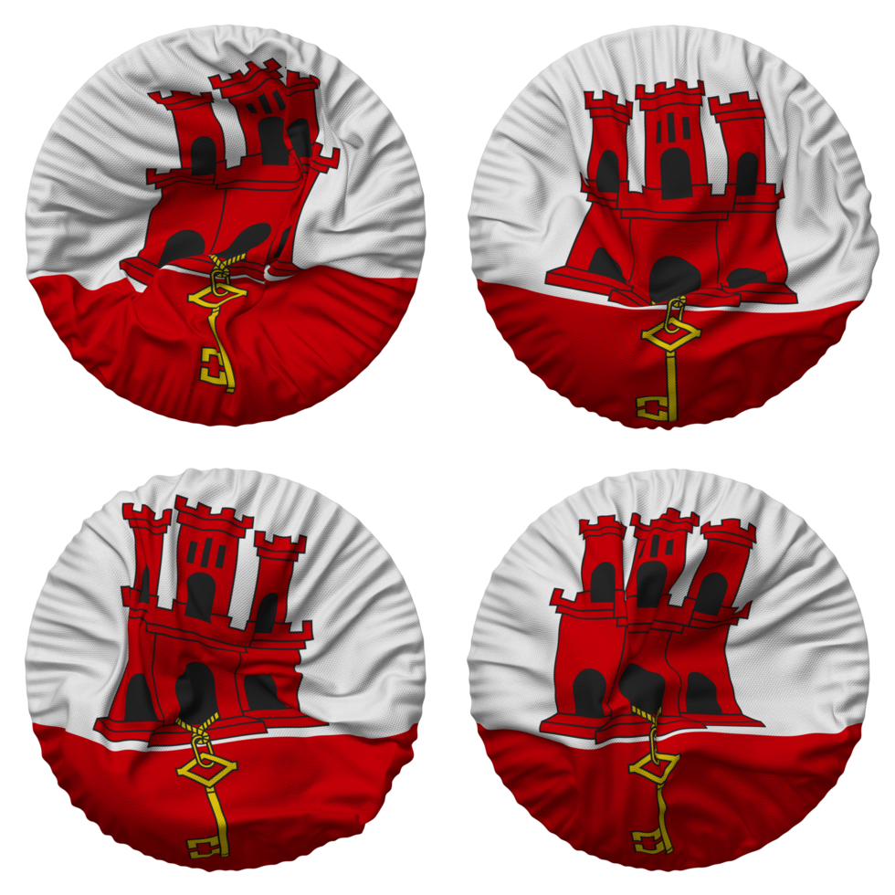 Gibraltar Flag in Round Shape Isolated with Four Different Waving Style, Bump Texture, 3D Rendering png