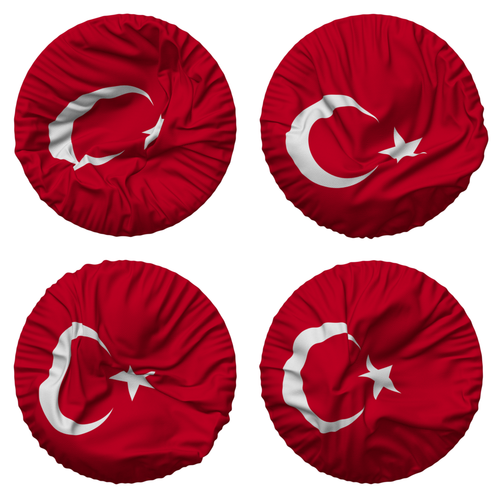 Turkey Flag in Round Shape Isolated with Four Different Waving Style, Bump Texture, 3D Rendering png