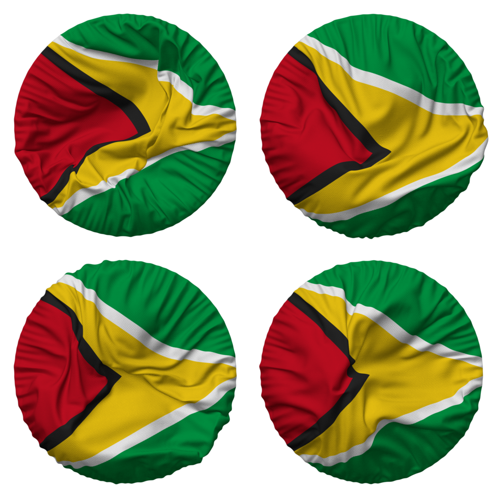 Guyana Flag in Round Shape Isolated with Four Different Waving Style, Bump Texture, 3D Rendering png