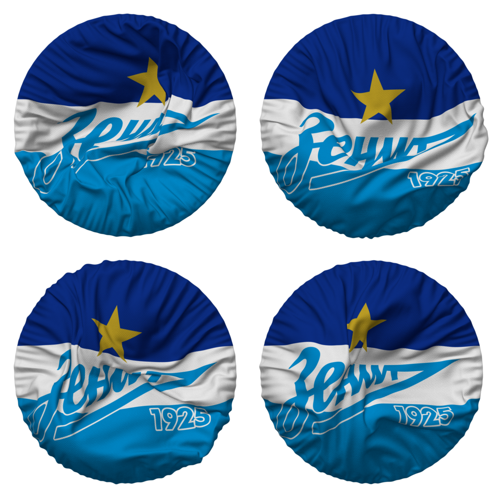 futebol clube zênite, zenit santo Petersburgo bandeira dentro volta forma isolado com quatro diferente acenando estilo, colisão textura, 3d Renderização png