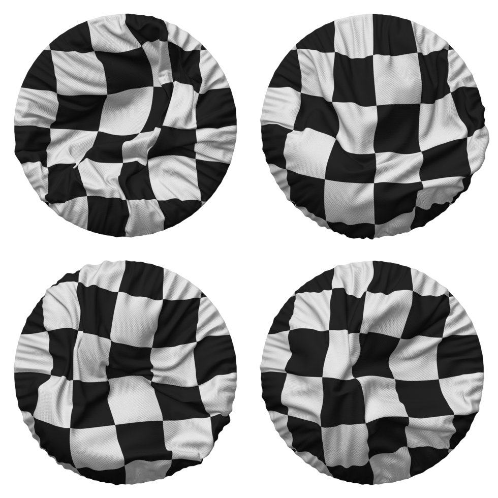 courses noir et blanc à carreaux drapeau dans rond forme isolé avec quatre différent agitant style, bosse texture, 3d le rendu png