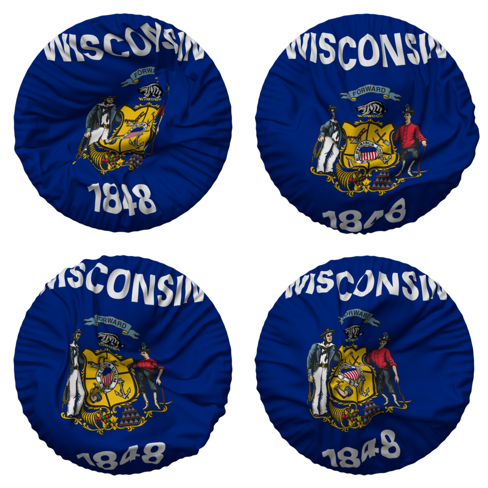 State of Wisconsin Flag in Round Shape Isolated with Four Different Waving Style, Bump Texture, 3D Rendering png