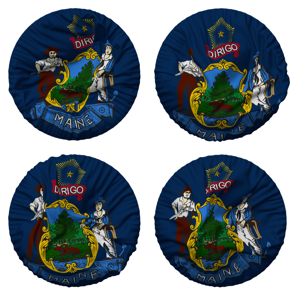 State of Maine Flag in Round Shape Isolated with Four Different Waving Style, Bump Texture, 3D Rendering png
