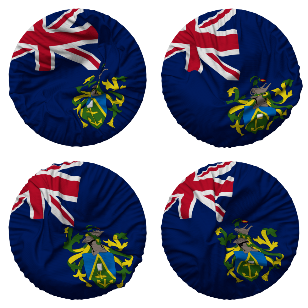 pitcairn eilanden vlag in ronde vorm geïsoleerd met vier verschillend golvend stijl, buil textuur, 3d renderen png