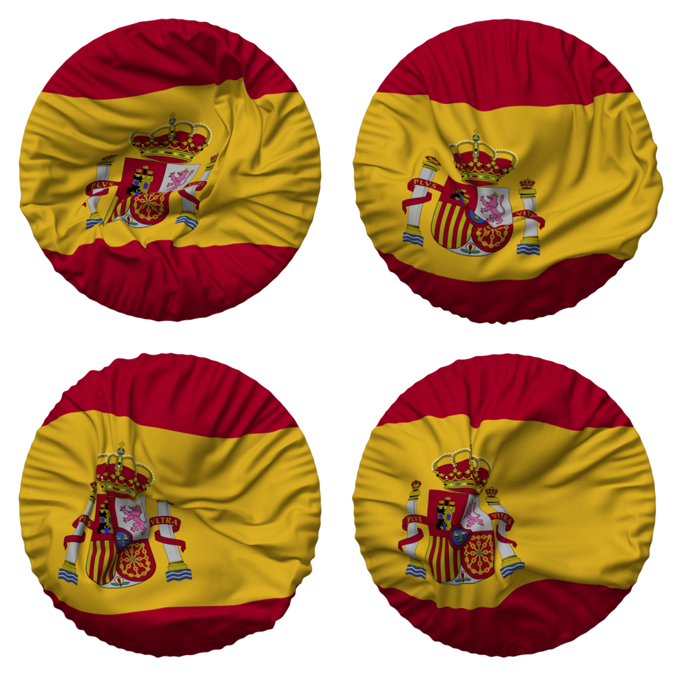Espanha bandeira dentro volta forma isolado com quatro diferente acenando estilo, colisão textura, 3d Renderização png