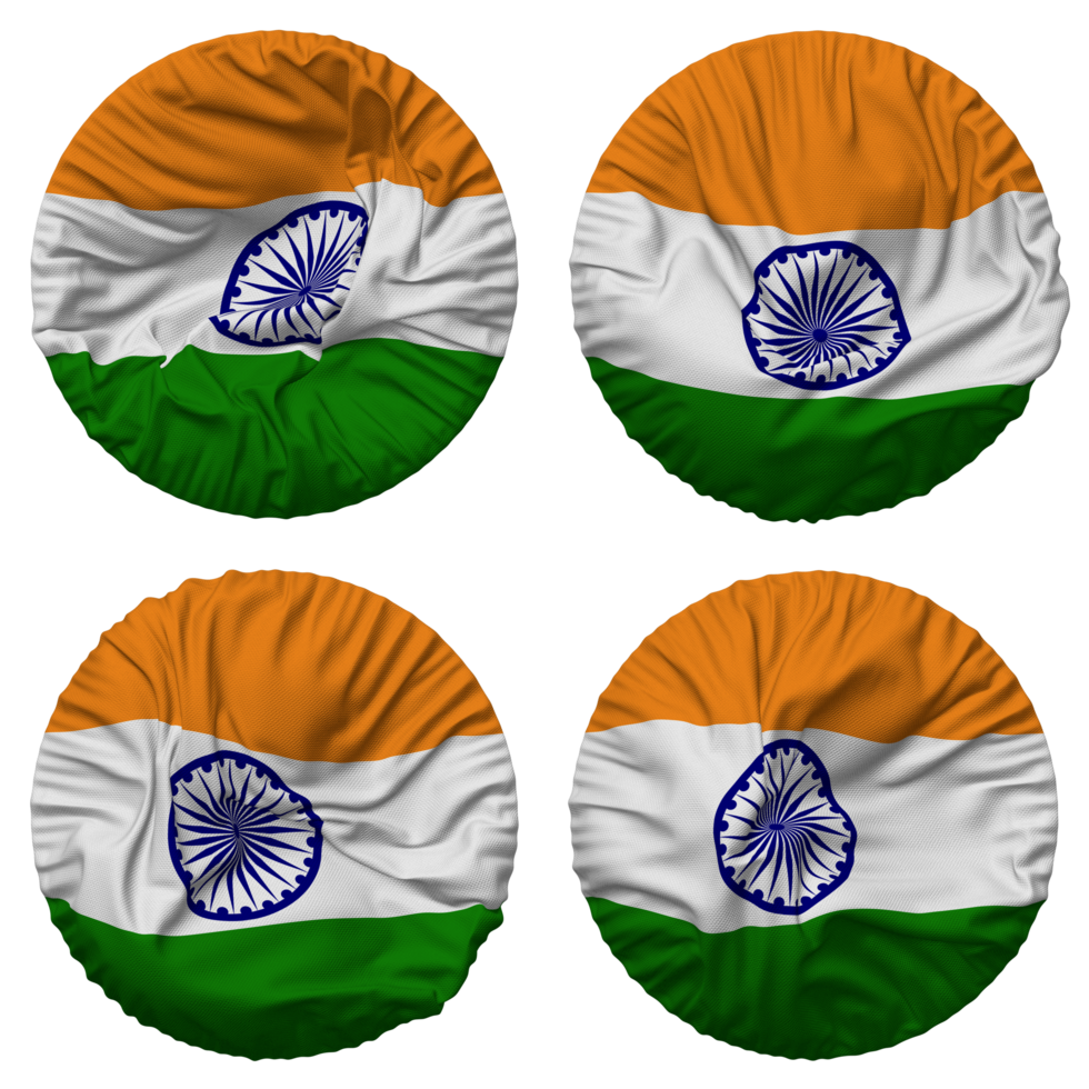 India Flag in Round Shape Isolated with Four Different Waving Style, Bump Texture, 3D Rendering png