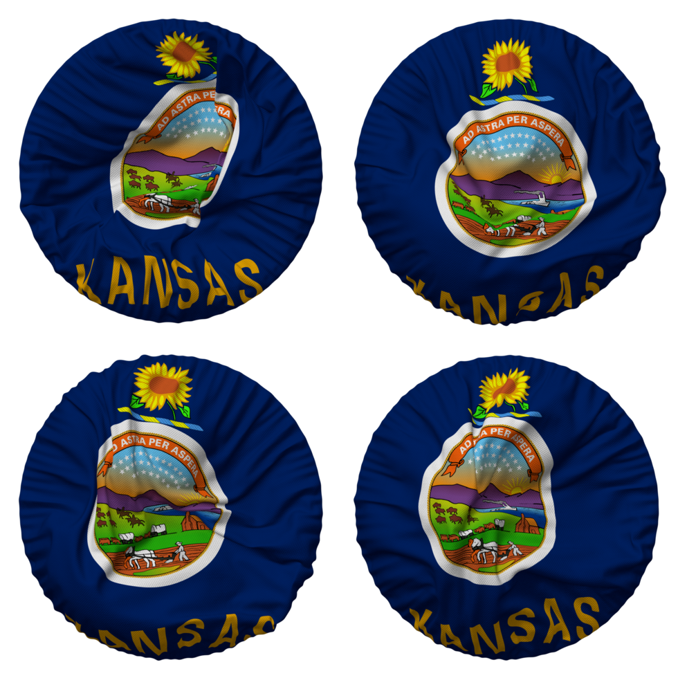 State Of Kansas Flag In Round Shape Isolated With Four Different Waving state-of-kansas-flag-in-round-shape-isolated-with-four-different-waving