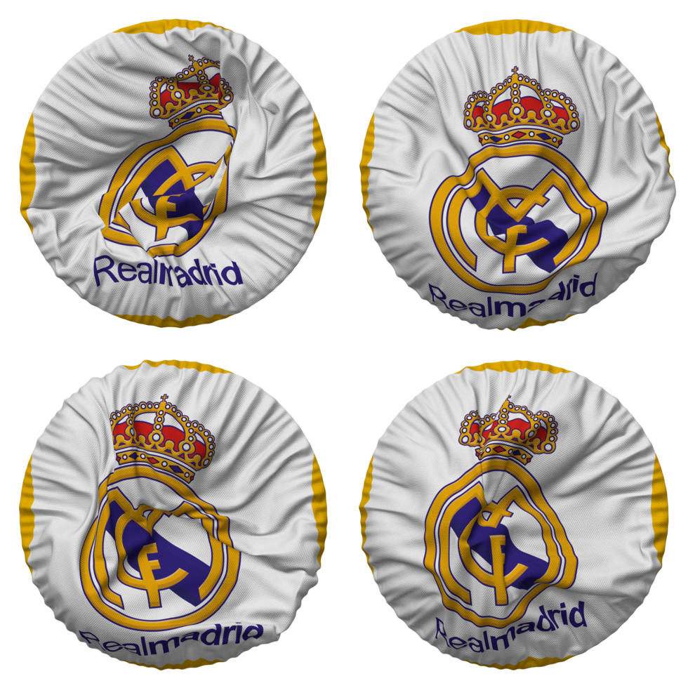echt Madrid Verein de Fußball, echt Madrid vgl Flagge im runden gestalten isoliert mit vier anders winken Stil, stoßen Textur, 3d Rendern png