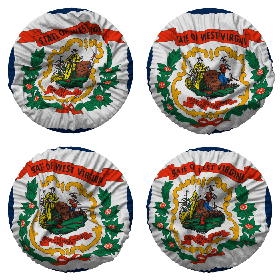 State of West Virginia Flag in Round Shape Isolated with Four Different Waving Style, Bump Texture, 3D Rendering png