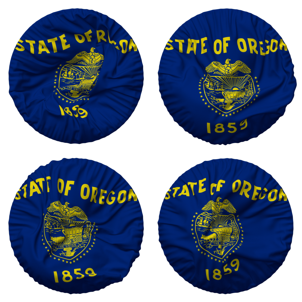 State of Oregon Flag in Round Shape Isolated with Four Different Waving Style, Bump Texture, 3D Rendering png