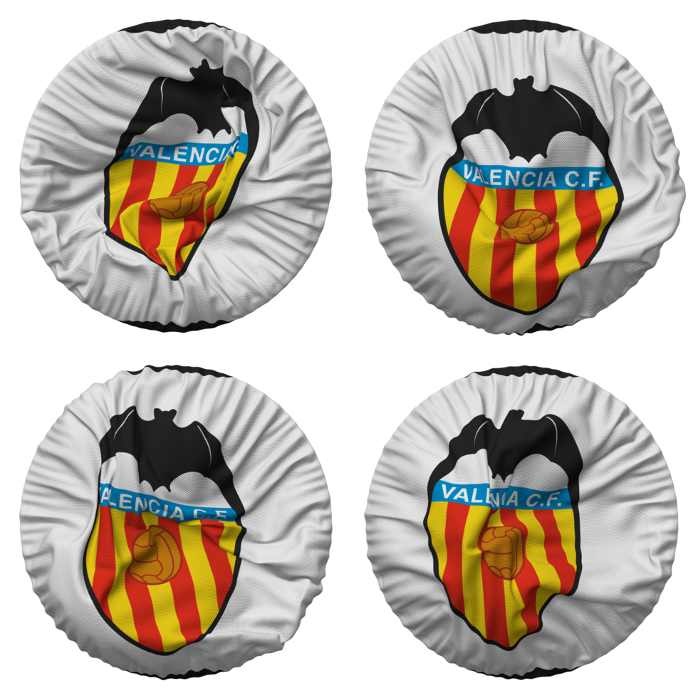 valencia Verein de Fußball, valencia vgl Flagge im runden gestalten isoliert mit vier anders winken Stil, stoßen Textur, 3d Rendern png