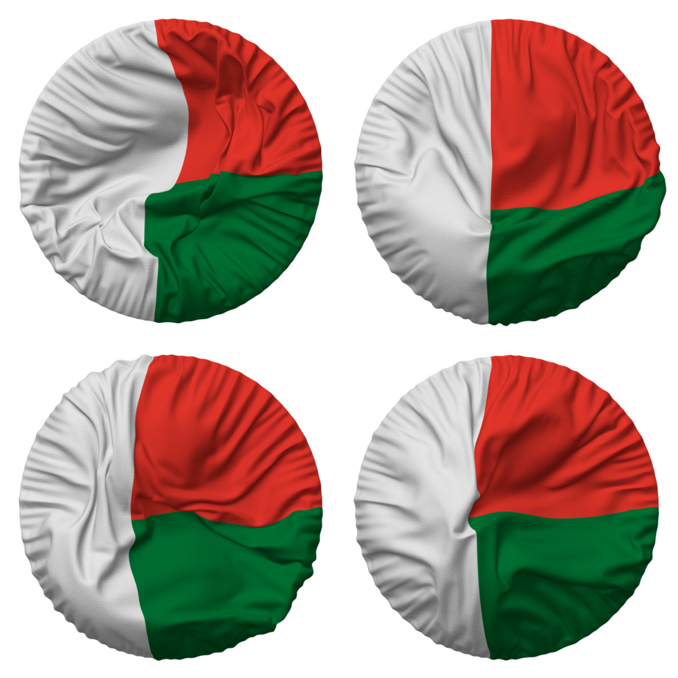 Madagascar Flag in Round Shape Isolated with Four Different Waving Style, Bump Texture, 3D Rendering png