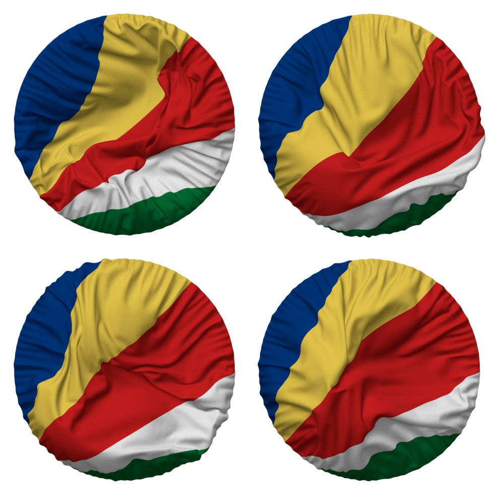 Seychelles Flag in Round Shape Isolated with Four Different Waving Style, Bump Texture, 3D Rendering png