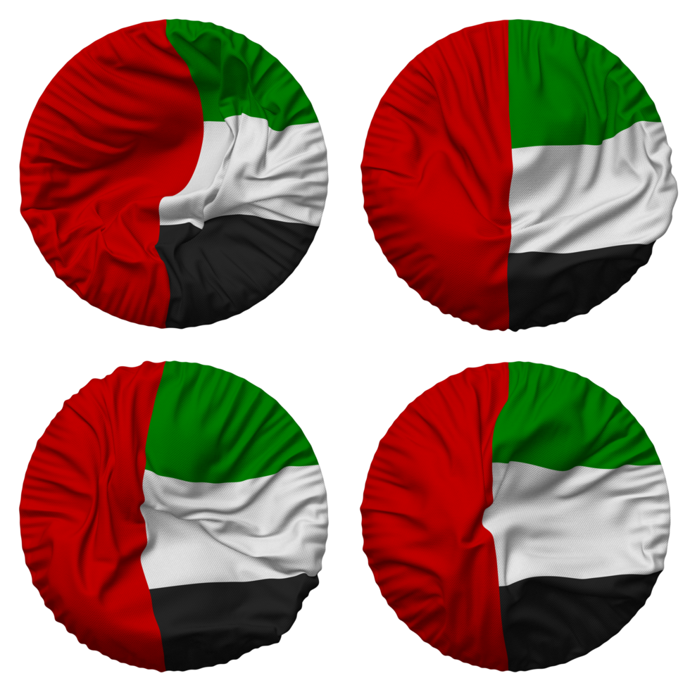 vereinigt arabisch Emirate Flagge im runden gestalten isoliert mit vier anders winken Stil, stoßen Textur, 3d Rendern png