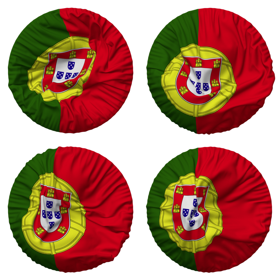 Portugal Flag in Round Shape Isolated with Four Different Waving Style, Bump Texture, 3D Rendering png