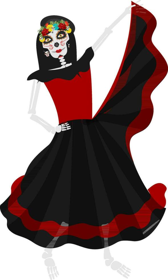 Skeleton of catrina wearing red and black dress in dancing pose. vector