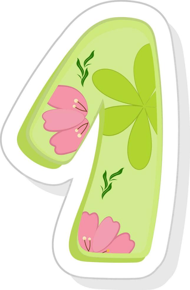 Sticker Style Floral 1 Number Icon In Green Color. vector