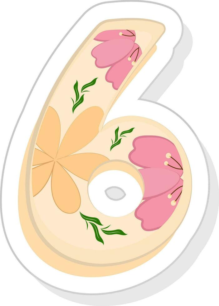 Sticker Style Floral 6 Number Icon Or Symbol. vector