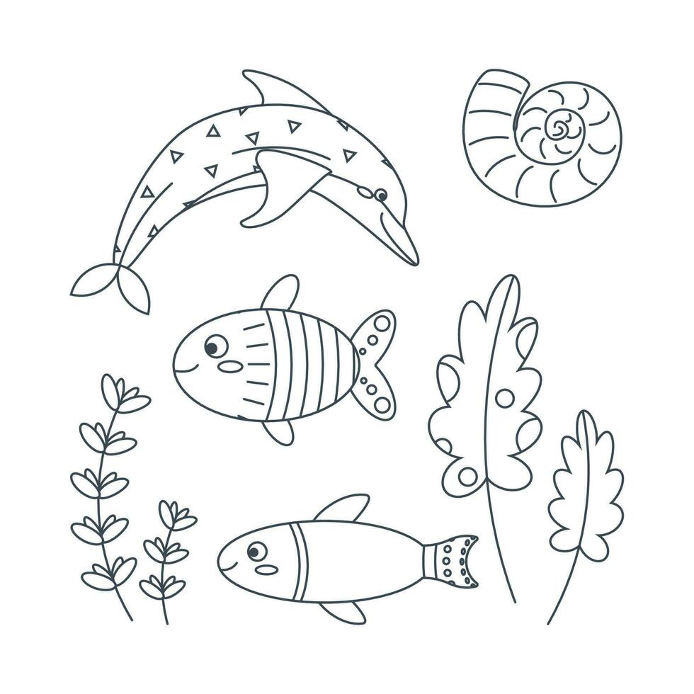 Set of marine elements of fish, shells, algae, dolphin in flat cartoon style. Line art. vector