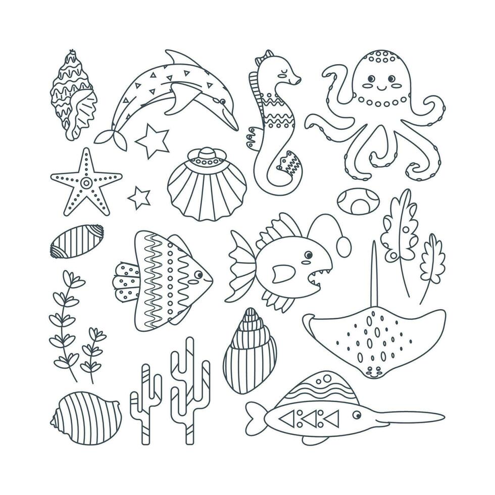 Set of marine elements seaweed, seashell, octopus, dolphin, fish, stingray, seahorse. Line art. vector
