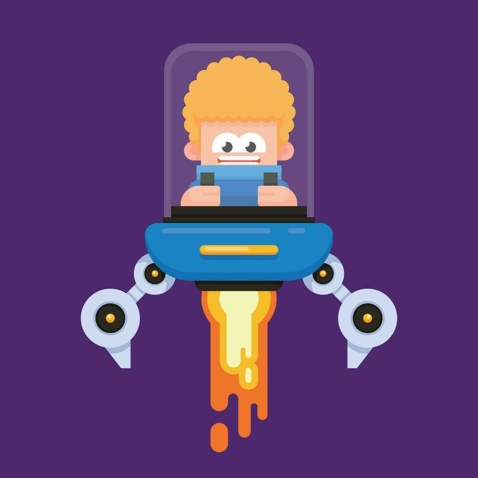 Cute boy driving a spaceship. Flat design vector illustration