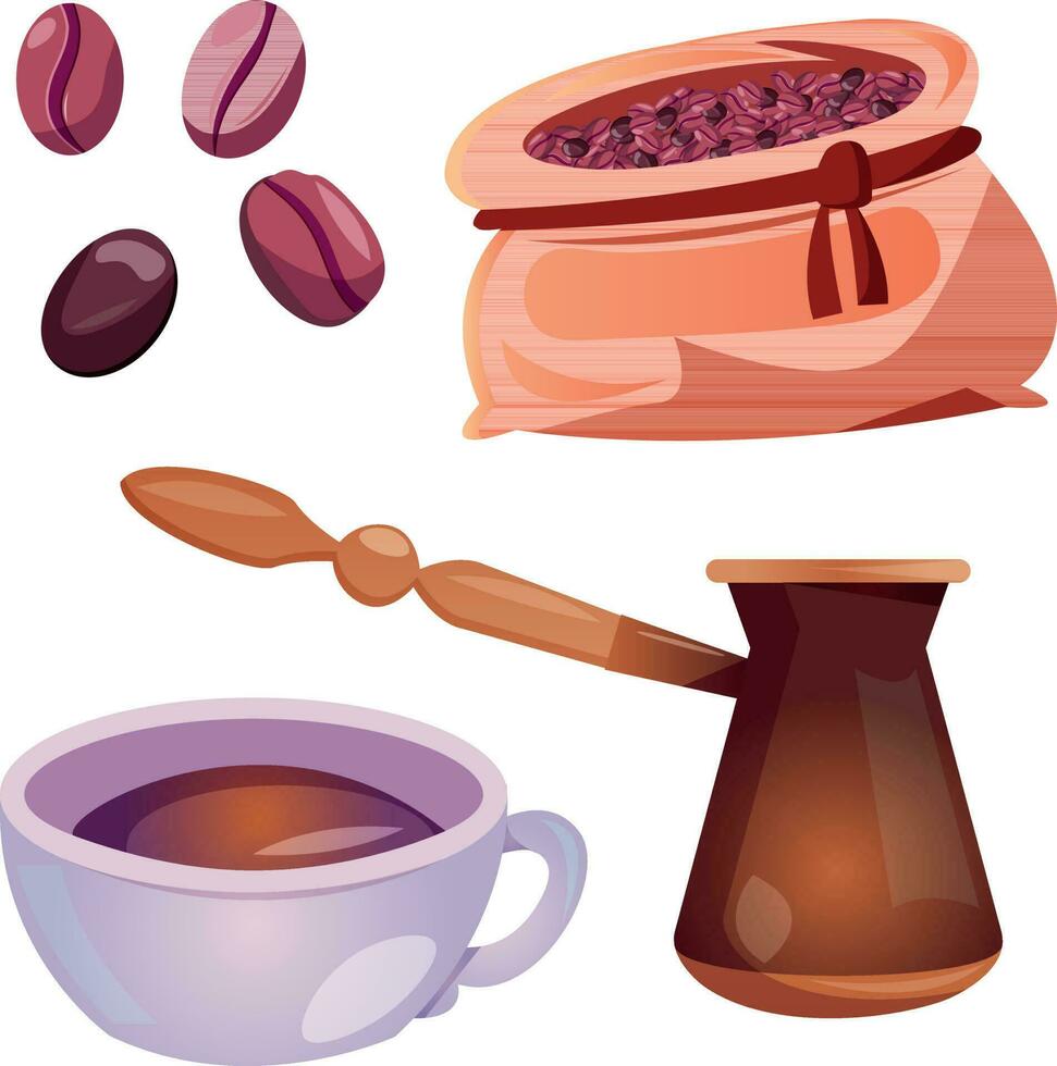 Coffee cup, beans, bag of coffee beans Turkish coffee pot. Cartoon illustrations set for coffee shop. vector